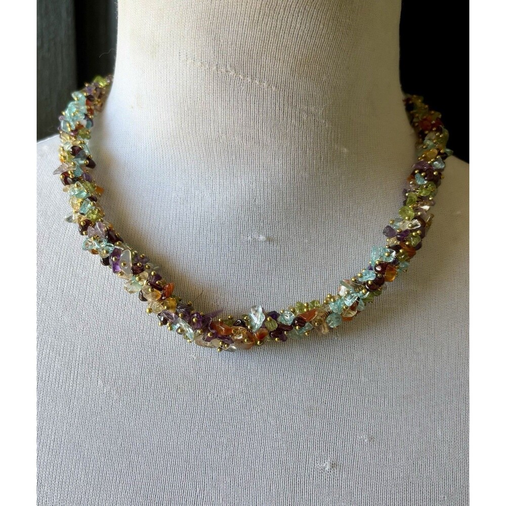 Multi Gemstone Nugget Chip Necklace Colorful Natural Stones Boho Festival Pastel